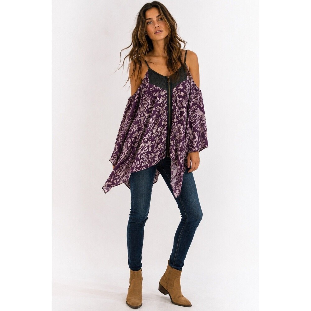 Kaitlyn Purple Floral Handkerchief Hem Cold Shoulder Zip Front Top Size S